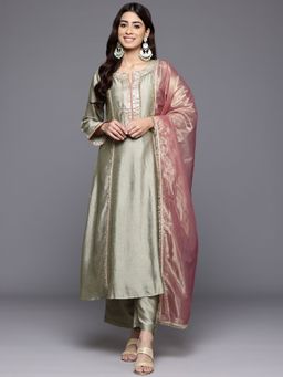 LAASYNA - Floral Yoke Design Sequinned Panelled Anarkali Kurta With Palazzo & Dupatta