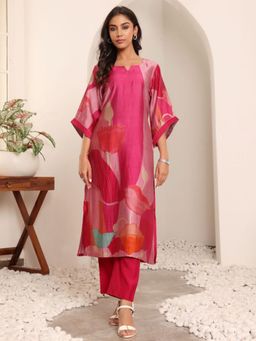 LAASYNA - Abstract Printed Notch Neck Chanderi Silk Straight Kurta With Pant