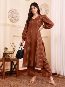 LAASYNA - Striped V-Neck A-Line Kurta With Pant