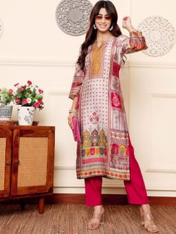 LAASYNA - Ethnic Motifs Printed Gotta Patti Notch Neck Chanderi Silk Kurta With Pant