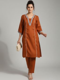LAASYNA - Embroidered Three Fourth Sleeve Rust Co-Ord Set