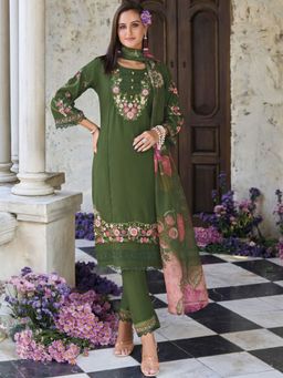 LAASYNA - Floral Embroidered Thread Work Pure Cotton Straight Kurta With Pant & Dupatta