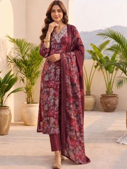 LAASYNA - Women Floral Printed Regular Thread Work Kurta With Pant & Dupatta