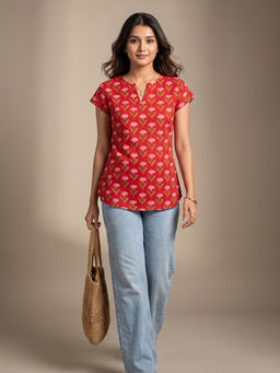 Vastara TheLabel - Organic Cotton Brick Red Short Kurti