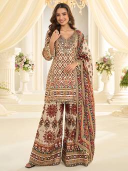 Mirraw - Cream Crepe Digital Print Kurti with Palazzo & Dupatta