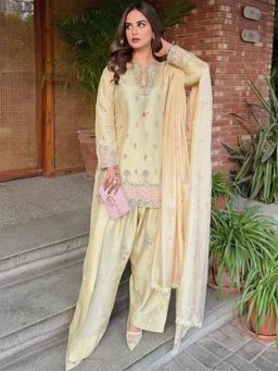 Mirraw - Cream Satin Embroidered Kurti with Palazzo & Dupatta