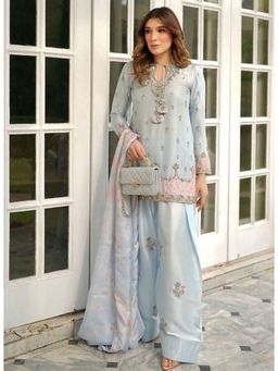 Mirraw - Sky-Blue Satin Embroidered Kurti with Palazzo & Dupatta