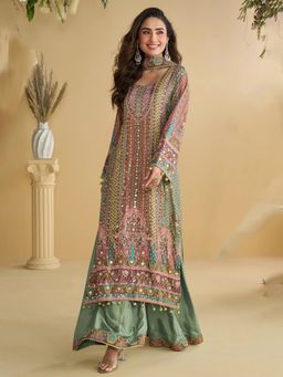 Mirraw - Charming Green Crepe Gotta Patti Kurta with Palazzo & Dupatta