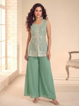 Mirraw - Green Faux Georgette Sequins Tunic With Palazzo & Dupatta