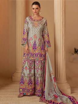 Mirraw - Multicolor Crepe Printed Kurti With Palazzo & Dupatta