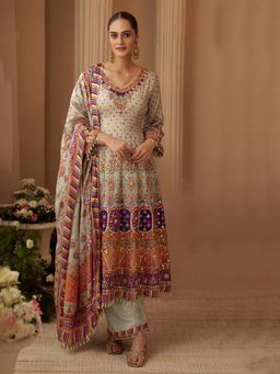 Mirraw - Multicolor Crepe Printed Anarkali Kurta With Palazzo & Dupatta