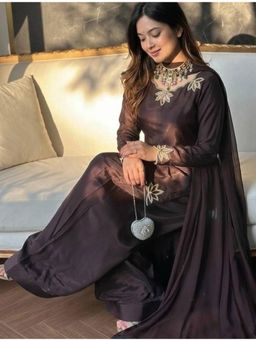 Mirraw - Coffee Crepe Embroidered Kurti With Palazzo & Dupatta