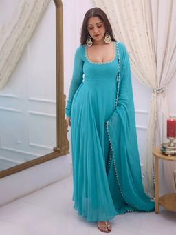 Mirraw - Sky-Blue Faux Georgette Embroidered Anarkali Kurta With Pant & Dupatta