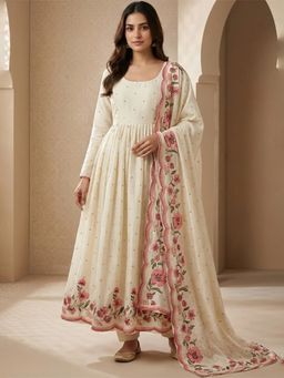Mirraw - Off-white Cotton Silk Embroidered Anarkali Kurta with Pant & Dupatta