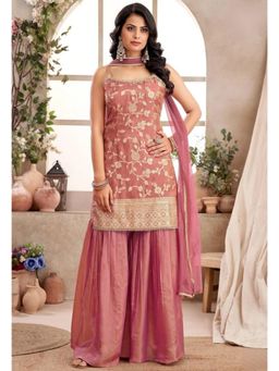 Mirraw - Pink Jacquard Embroidered Kurti with Sharara & Dupatta