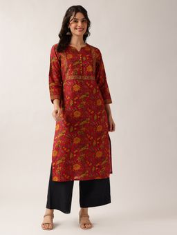 Vbuyz - Women'S Red Floral Straight Cotton Stitched Kurta