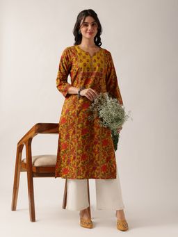 Vbuyz - Women'S Mustard Floral Straight Cotton Stitched Kurta