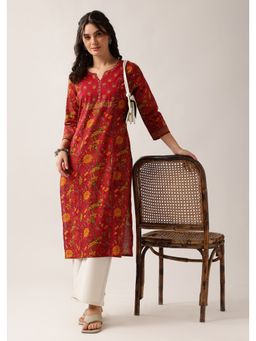 Vbuyz - Women'S Red Floral Straight Cotton Stitched Kurta