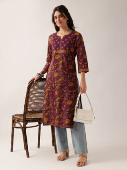 Vbuyz - Women'S Purple Floral Straight Cotton Stitched Kurta