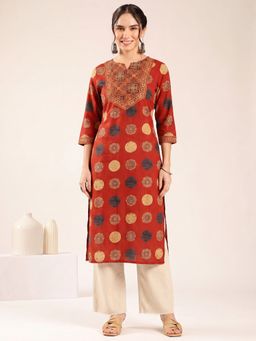 Vbuyz - Women's Red Ajrakh Straight Cotton Stitched Kurta