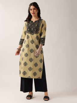 Vbuyz - Women'S Beige Floral Straight Cotton Stitched Kurta