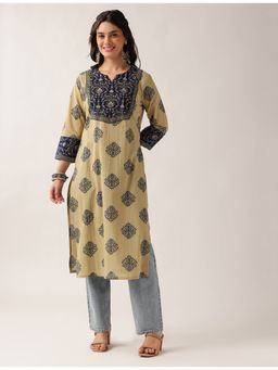 Vbuyz - Women'S Beige Floral Straight Cotton Stitched Kurta