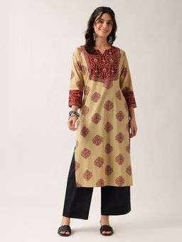 Vbuyz - Women'S Floral Straight Cotton Beige Kurta