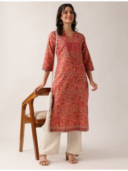 Vbuyz - Women'S Peach Floral Straight Cotton Stitched Kurta
