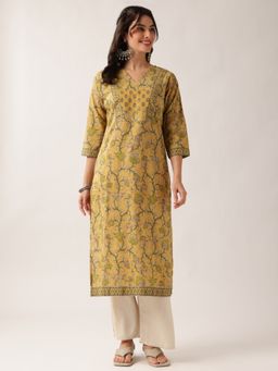 Vbuyz - Women'S Yellow Floral Straight Cotton Stitched Kurta