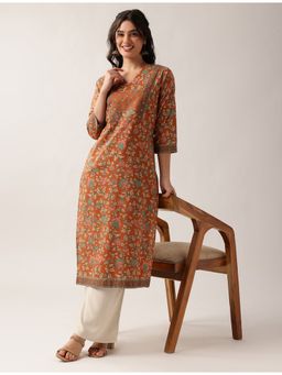 Vbuyz - Women'S Brown Floral Straight Cotton Stitched Kurta