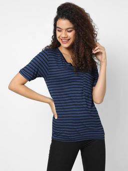PINACOLADA - Women Navy Blue Stripes Pure Cotton Regular T-Shirt