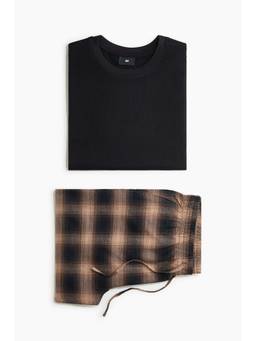 H&M - Men Black Cotton Solid Top and Checks Pyjama