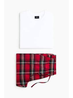 H&M - Men White Cotton Solid Top and Checks Pyjama