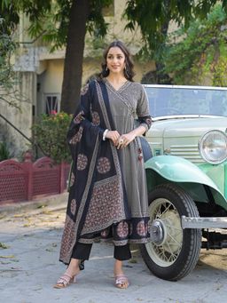 Divena - Black Printed Cotton Fabric Anarkali Kurta with Pant & Dupatta (Set of 3)