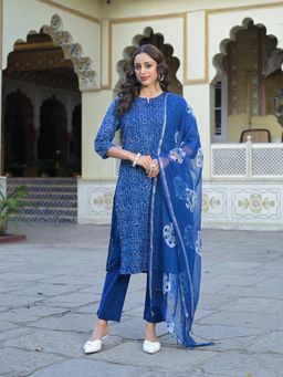 Divena - Blue Floral Printed Straight Kurta with Pant and Dupatta (Set of 3)
