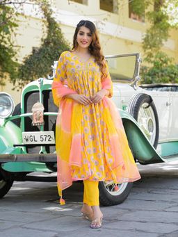 Divena - Yellow Floral Print Muslin Fabric A-Line Kurta with Pant and Dupatta (Set of 3)
