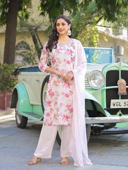 Divena - Light Pink Floral Printed Muslin Straight Kurta with Pant and Dupatta (Set of 3)