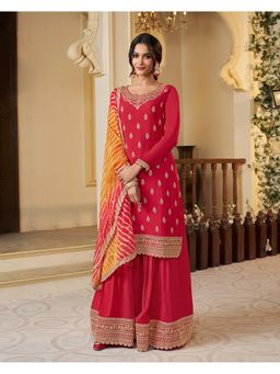 Seerat - Red Embroidered Kurta with Sharara & Printed Dupatta (Set of 3)