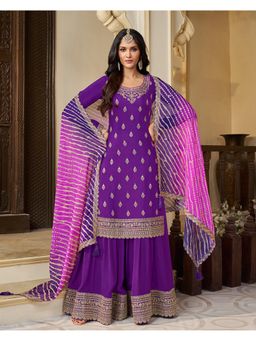 Seerat - Purple Embroidered Kurta with Sharara & Printed Dupatta (Set of 3)