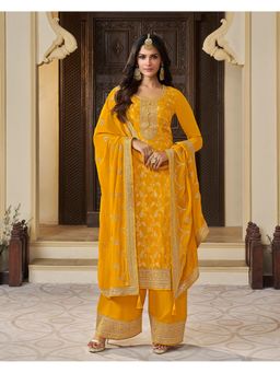 Seerat - Yellow Jacquard Embroidery Straight Kurta with Palazzo & Dupatta (Set of 3)