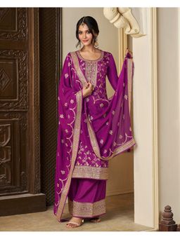 Seerat - Purple Jacquard Embroidery Straight Kurta with Palazzo & Dupatta (Set of 3)