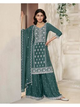 Seerat - Green Embroidered Kurta with Sharara & Printed Dupatta (Set of 3)