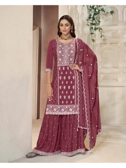 Seerat - Maroon Embroidered Kurta with Sharara & Printed Dupatta (Set of 3)