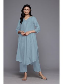 Varanga - Women Grey Solid A-Line V Neck Kurta Paired with Tonal Pant (Set of 3)