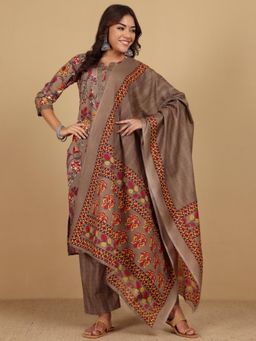 Varanga - Women Brown Ethnic Floral Printed Kurta with Pant and Dupatta (Set of 3)