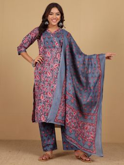 Varanga - Women Purple Ethnic Floral Printed Kurta with Pant and Dupatta (Set of 3)