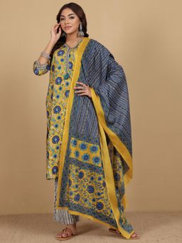 Varanga - Women Mustard Ethnic Floral Printed V Neck Kurta with Pant and Dupatta (Set of 3)