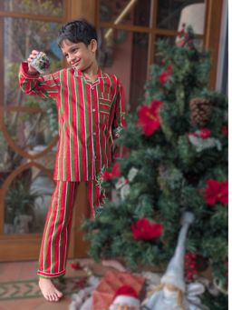 Tura Turi - Red Christmas Pinstripes Cotton Shirt with Pajama