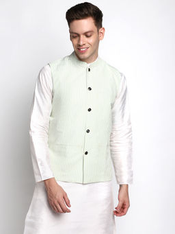 Devoiler - Men Lime Green Striped Pure Cotton Nehru Jacket