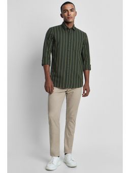 Peter England - Men Olive Slim Fit Stripe Full Sleeves Casual Shirt